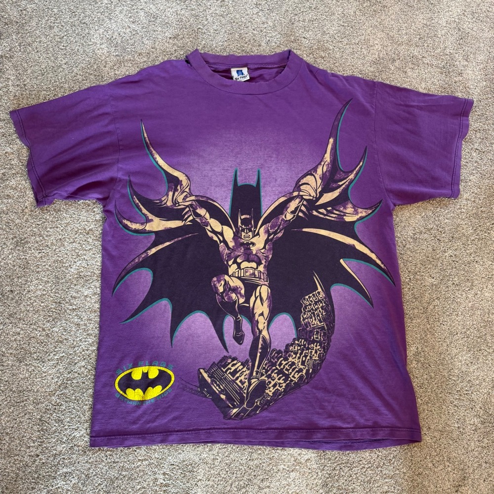 Vintage 1995 Batman The Ride Six Flags T-Shirt Purple Distressed DC Comics L